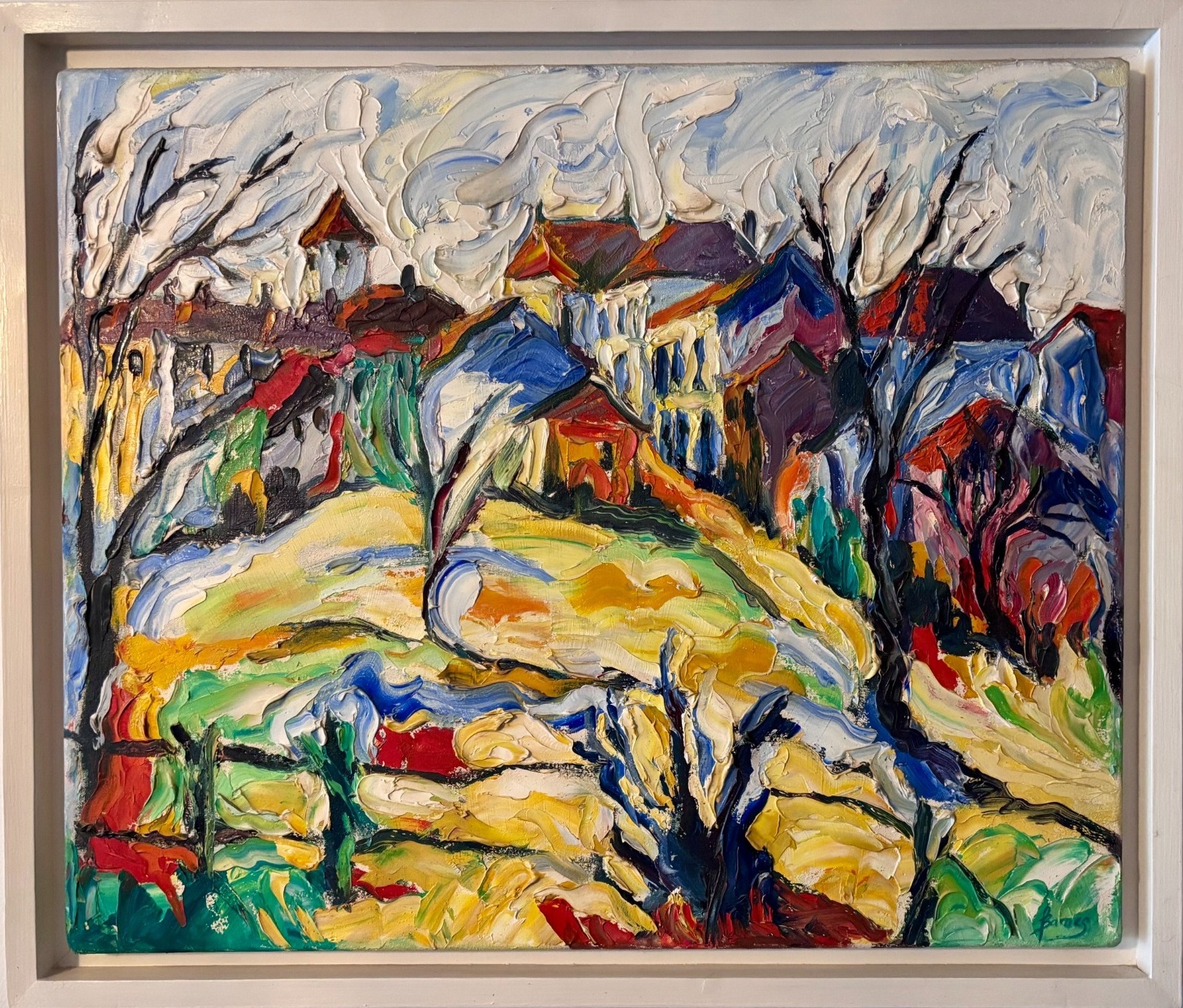 Sigoules in Winter, a vividly textured painting of a village landscape by Tess Barnes